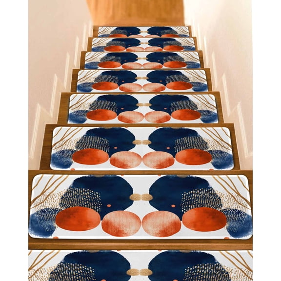 Navy Blue Burnt Orange Stair Treads for Wooden Steps Indoor Runner Rug Carpet, Middle Century Modern Geometric 15 Pieces Peel and Stick Staircase Step Treads Covers Washable Throw Door Mats, 30"x8"