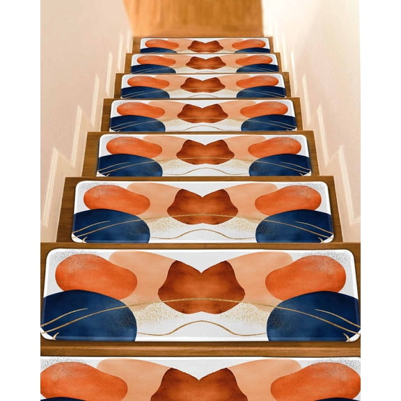 Navy Blue Burnt Orange Stair Treads for Wooden Steps Indoor Runner Rug Carpet, Modern Retro Geometric 15 Pieces Peel and Stick Staircase Step Treads Covers Washable Throw Door Mats, 30"x8"