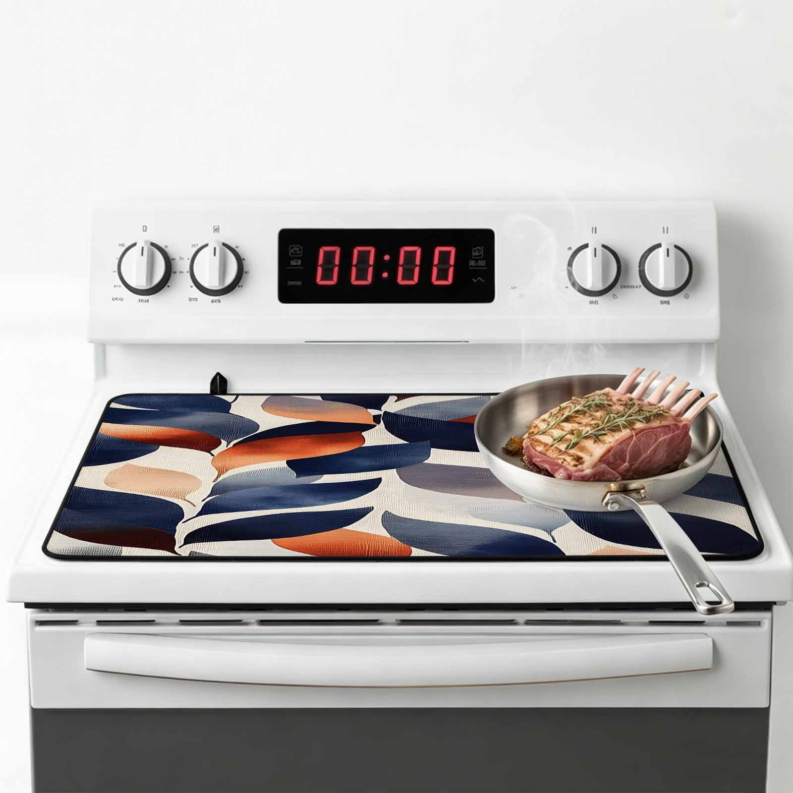 Navy Blue Burnt Orange Stove Top Cover for Electric Stove, Heat-proof & Non Slip Glass Top Stove Cover Protector, Botanical Abstract Palm Leaf Kitchen Flat Cooktop Rubber Mat 24x21 Inches