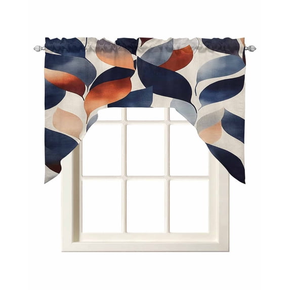 Navy Blue Burnt Orange Swag Valances for Windows, Small Curtains Drapes, Botanical Abstract Palm Leaf Kitchen Window Curtains Over Sink Window Treatment Valance for Bedroom/Bathroom 56"x36"