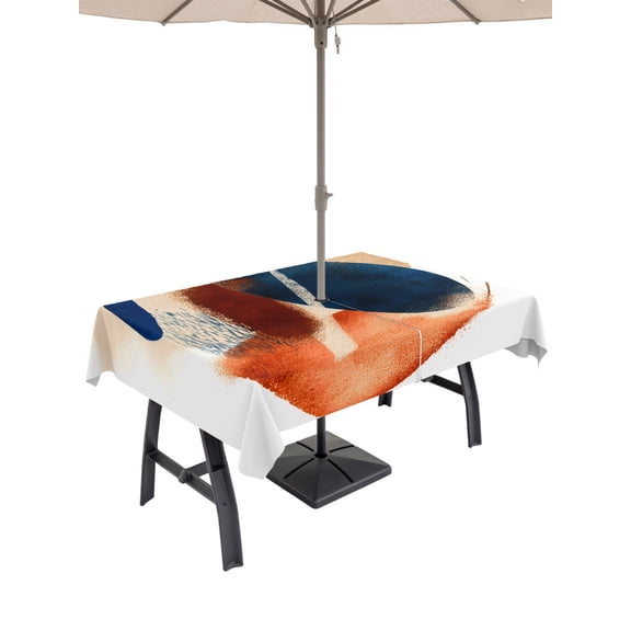 Navy Blue Burnt Orange Table Cloth Rectangle Outdoor Tablecloth, Abstract Contemporary Geometric Waterproof Table Cover with Umbrella Hole and Zipper for Party/Dining/Patio/Wedding 52x70 Inch