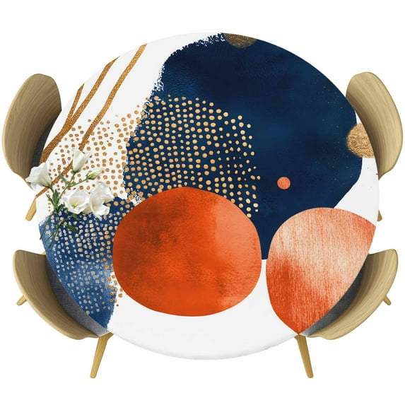 Navy Blue Burnt Orange Table Cloth, Round Fitted Tablecloths with Elastic Edge, Middle Century Modern Geometric Wipeable Waterproof Table Cover for Kitchen Wedding 36-44 Inches