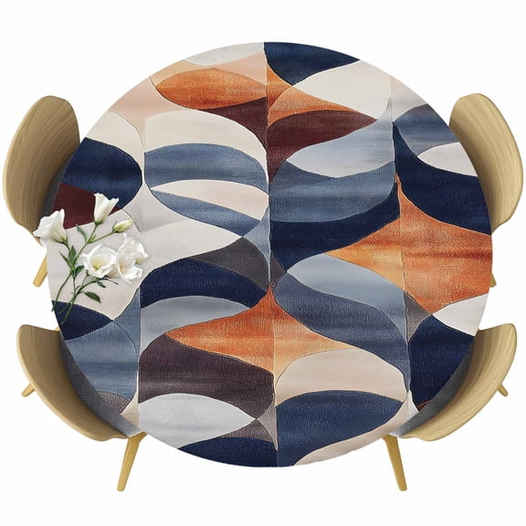 Navy Blue Burnt Orange Table Cloth, Round Fitted Tablecloths with Elastic Edge, Retro Geometric Abstract Wipeable Waterproof Table Cover for Kitchen Wedding 36-44 Inches