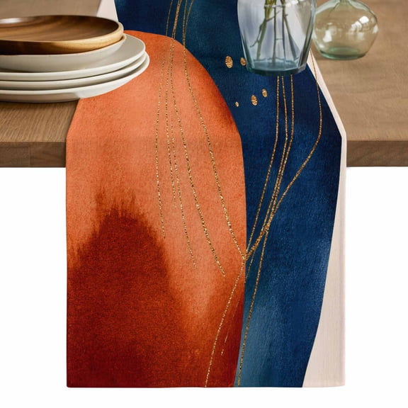 Navy Blue Burnt Orange Table Runner, Boho Artwork Geometric Modern Washable Cotton Linen Table Runners 48 Inches Long, Dresser Scarf Runner for Nightstand/Coffee/End Tables 13''x48''