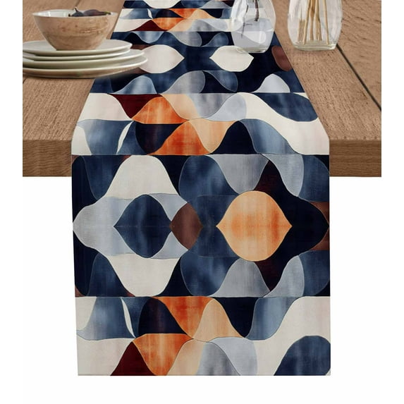 Navy Blue Burnt Orange Table Runner Cotton Linen 108 Inch Holiday Dresser Scarves, Geometric Retro Abstract Tablerunner for Kitchen Coffee Dining Bedroom Living Room Dinner Scarf Décor 13''x108''
