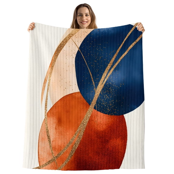 Navy Blue Burnt Orange Throw Blanket, Flannel Fleece Blanket with Striped Design for Couch, Geometric Modern Boho Art Soft Breathable All Season Plush Blankets for Sofa Office Chair 30"x40"
