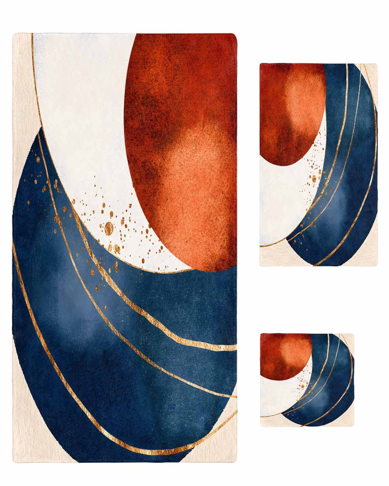 Navy Blue Burnt Orange Towel Set of 3, Soft Microfiber Bath Towels, Hand Towel, Washcloths, Modern Boho Art Geometric Quick-Dry Absorbent Towels for Bathroom Kitchen Hotel Beach Gym Spa