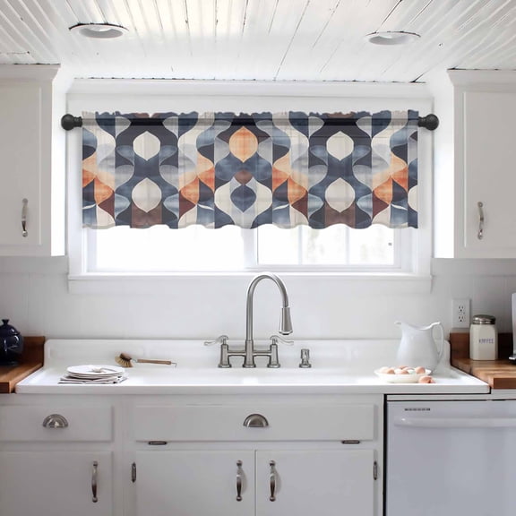 Navy Blue Burnt Orange Valance Curtains for Kitchen/Living Room/Bathroom/Bedroom Window, Geometric Retro Abstract Rod Pocket Small Topper Half Short Window Curtains Voile Sheer Scarf 42"x12"