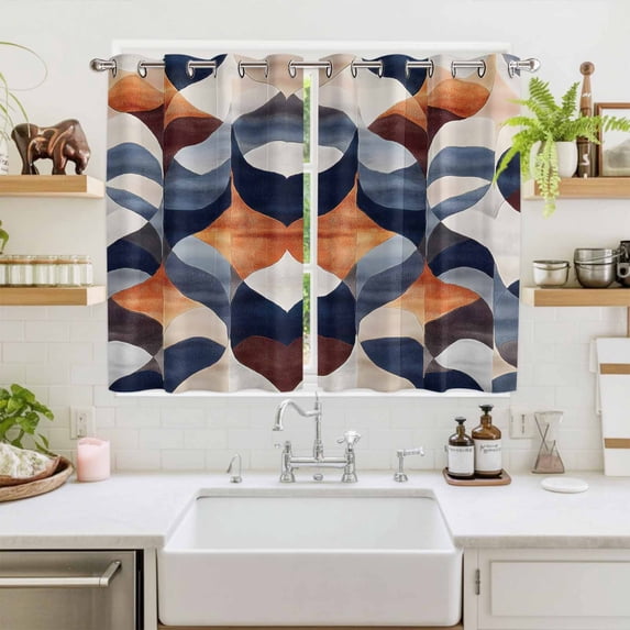 Navy Blue Burnt Orange Window Curtains Panels with Silver Grommet, Retro Geometric Abstract Kitchen Cafe Curtain Draperies Window Treatment Set for Living Room/Bedroom/Laundry Room/Bathroom, 104x72