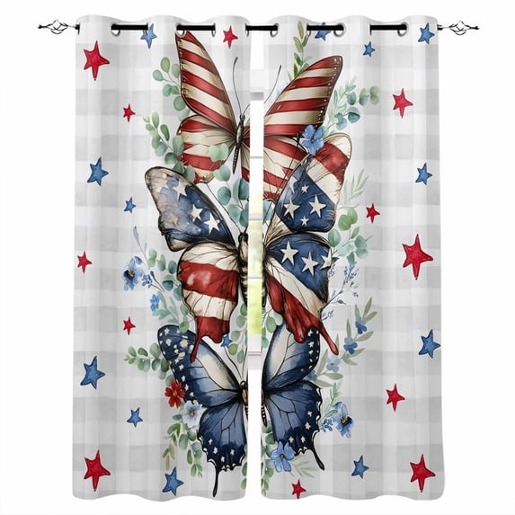 Navy Blue Butterfly 4th of July Blackout Curtains for Bedroom Darkening Curtains 63 Inches Long Independence Day Star Grey Plaid Window Curtain 2 Panels Set Window Treatment Drapes 42"x63"