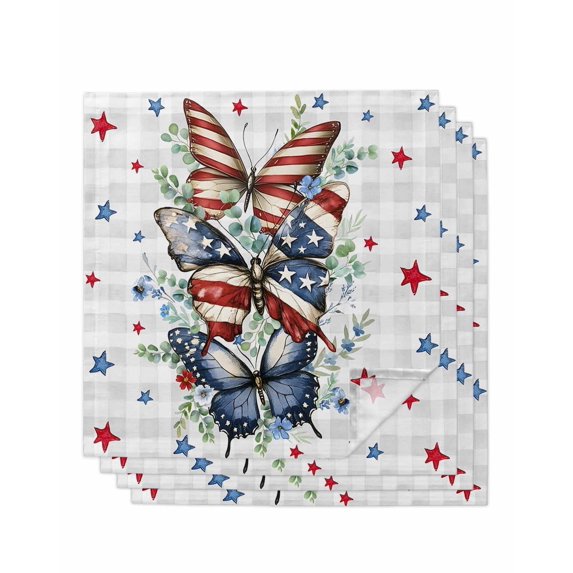 Navy Blue Butterfly 4th of July Cloth Napkins Set of 4 Reusable Dinner Napkins, Independence Day Star Grey Plaid Cocktail Napkin Washable Table Napkins for Wedding/Holiday Party/Baby Shower 20"x20"