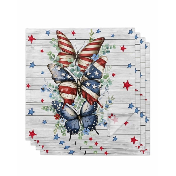 Navy Blue Butterfly 4th of July Cloth Napkins Set of 4 Reusable Dinner Napkins, Independence Day Stars Wooden Cocktail Napkin Washable Table Napkins for Wedding/Holiday Party/Baby Shower 20"x20"