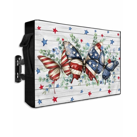 Navy Blue Butterfly 4th of July Outdoor TV Cover 52 to 55 Inch Weatherproof, Red Independence Day Stars 600D Oxford TV Covers with Waterproof Zipper, Outside Flat TV Screen Protector 52"Wx19"Hx4.5"D