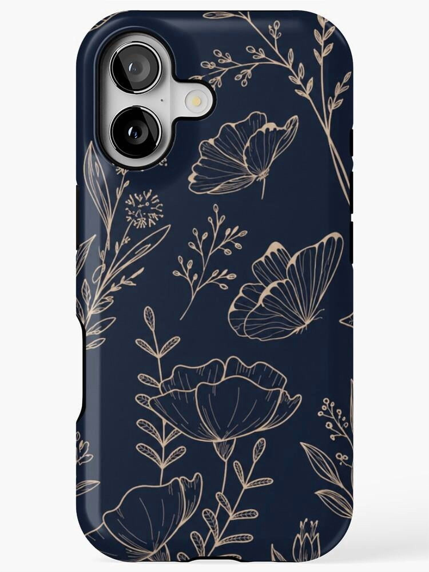 Poppy Makeup Navy Blue Butterfly and Poppy Tough Case for Apple iPhone, Dual-Layer ...