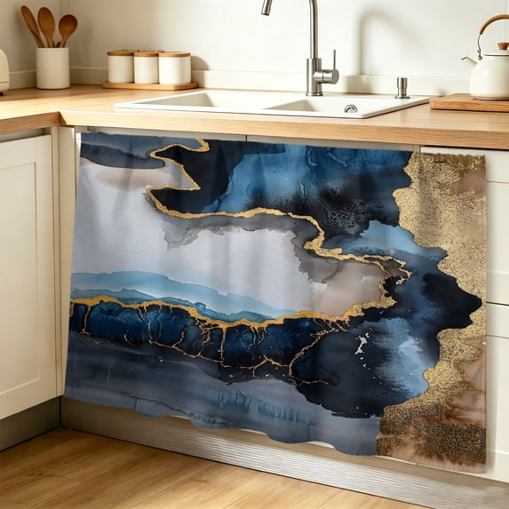 Navy Blue Cabinet Curtain 32"Wx55"L, Dustproof Pantry Door Curtain with Self Adhesive Tape, Abstract Color Block Vintage Modern Tall Storage Cover Privacy Drape for Bathroom Kitchen Laundry Room