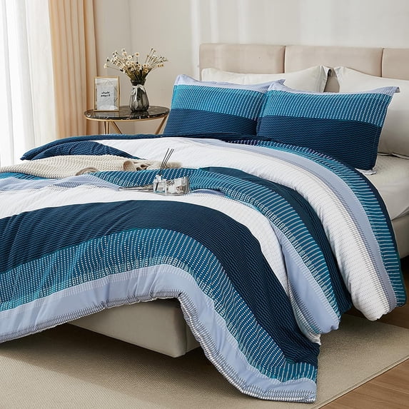 Navy Blue California King Comforter Set - 3 Pieces Cal King Oversized Lightweight Summer Colorblock Stripe Bedding Set (104x96In, 2 Pillowcases)