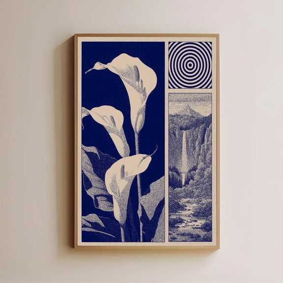 Navy Blue Calla Lily Art, Japandi Waterfall Poster, Mid Century Modern Decor, Minimalist Botanical Print, Zen Landscape