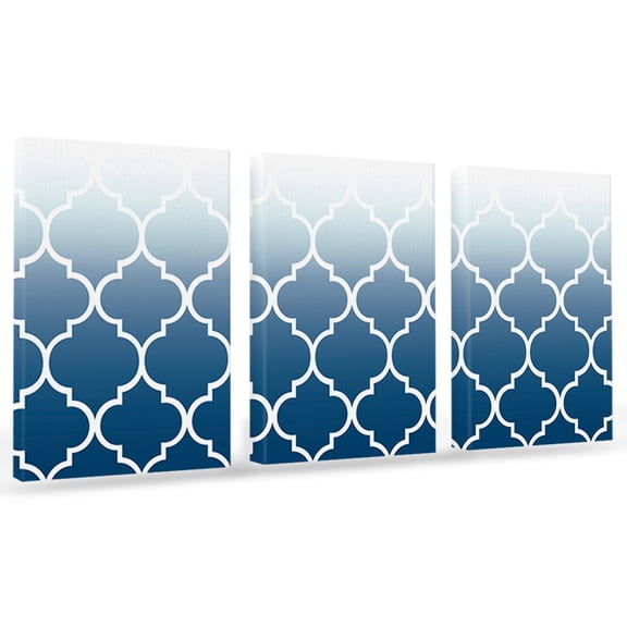 Navy Blue Canvas Wall Art 3 Panels, Moroccan Trellis Abstract Gradient Geometric Framed Wall Decor Modern Artwork Prints Painting for Living Room, Bedroom, Kitchen & Cafe Decor 20" x 24"