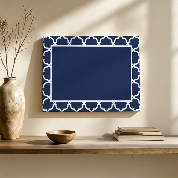 Navy Blue Canvas Wall Art, Geometric Blue Morocco Printed Border Modern Rustic Wall Art Prints Artwork Framed Canvas Ready to Hang Art Pictures for Living Dining Room Bedroom Hallway 24" x 20"