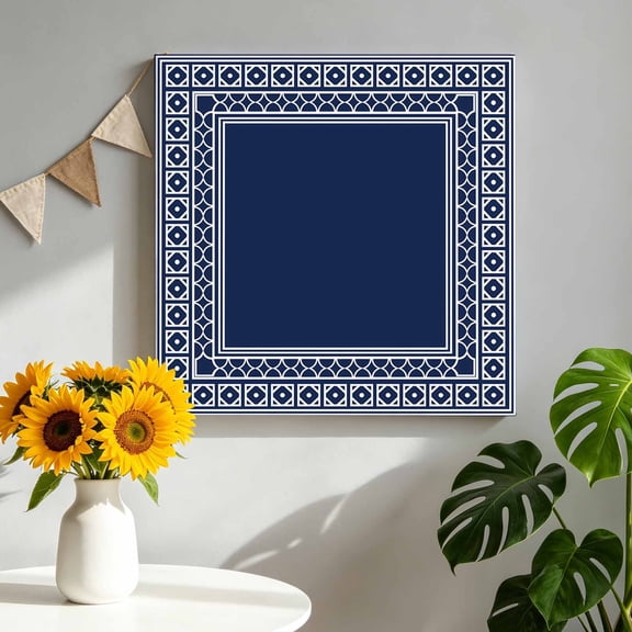 Navy Blue Canvas Wall Art for Living Room, Boho Diamond Pattern Border Rustic Southwestern Wall Decor Framed Artwork Pictures Ready to Hang for Bedroom Office Home Decor 8x8 Inch