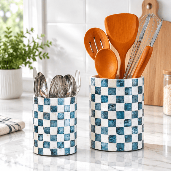 Navy Blue Capiz Shell Mosaic Utensil Holders Set, 2-Piece Kitchen Organizers