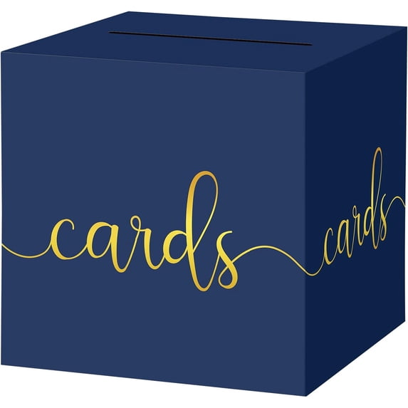 Navy Blue Card Box with Slot 9.1" Gold Foil Gift Card Box for Party, Graduation, Wedding Reception, Birthday, Retirement, Baby Shower, Raffle Ticket Money Envelope Holder