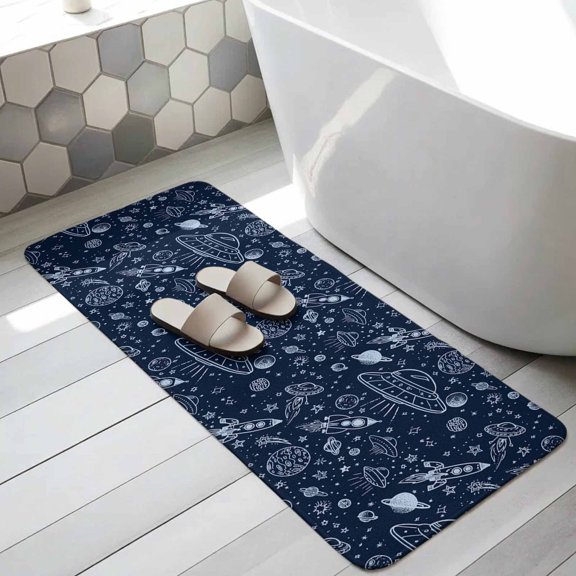 Navy Blue Cartoon Space Bathroom Runner Rugs Non Slip Washable Absorbent Narrow Long Bath Mat Star Spacecraft Rocket Meteorite Runner Rugs for Kitchen Hallway Bedroom Laundry Study Room 19.7"x63"
