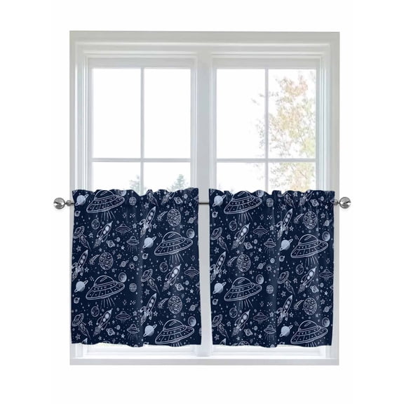 Navy Blue Cartoon Space Kitchen Curtains Tier 24 Inch Length, Star Spacecraft Rocket Meteorite Rod Pocket Light Filtering Window Curtains Living Room Bedroom Curtain Drapes Cafe Curtain 27.5''x24''x2