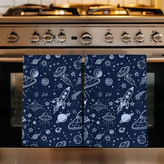 Navy Blue Cartoon Space Kitchen Towels Set of 1, Star Spacecraft Rocket Meteorite Absorbent Dish Towels for Kitchen, Microfiber Hand Towel, Quick Drying Tea Towel for Cleaning Decorative Dishcloths