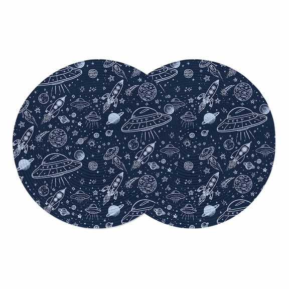 Navy Blue Cartoon Space Round 13 Inch Placemats Set of 2, Star Spacecraft Rocket Meteorite HeatResistant Non Slip Place Mats for Dining Table, Wipeable Braided Kitchen Table Mats for Housewarming