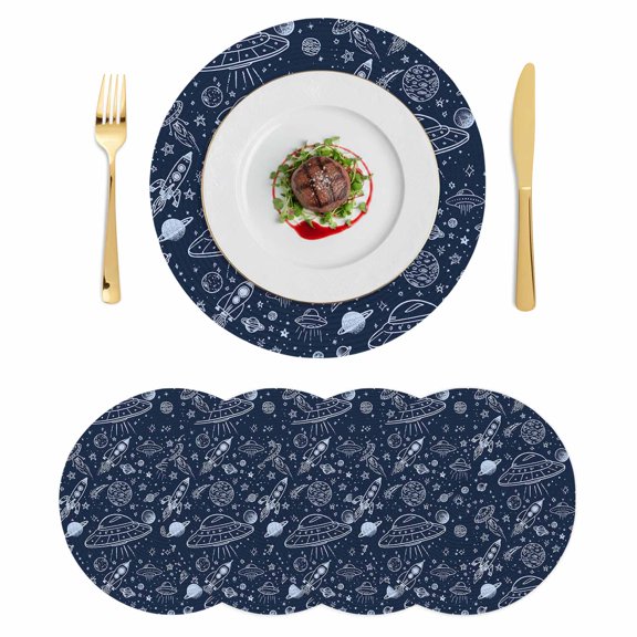 Navy Blue Cartoon Space Round 15 Inch Placemats Set of 4, Star Spacecraft Rocket Meteorite HeatResistant Non Slip Place Mats for Dining Table, Wipeable Braided Kitchen Table Mats for Housewarming