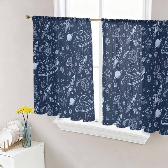 Navy Blue Cartoon Space Sheer Curtains 45 Inch Length 2 Panels Set, Star Spacecraft Rocket Meteorite Voile Window Treatment Rod Pocket Small Kitchen Curtains Drapes for Bedroom 52"x45"x2
