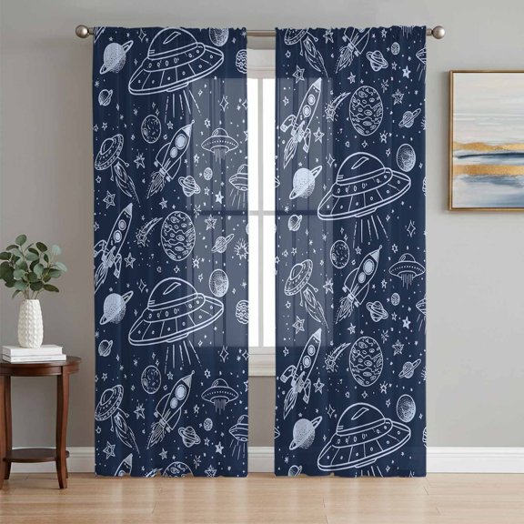 Navy Blue Cartoon Space Sheer Curtains for Living Room Bedroom Star Spacecraft Rocket Meteorite Sheer Curtains 96 Inch Long 2 Panels Set Light Filtering Curtain Window Treatments Dining Room Drapes