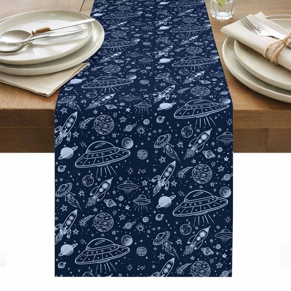 Navy Blue Cartoon Space Table Runner Star Spacecraft Rocket Meteorite Tablerunners 13 x 108 Inch, Table Decorations Tabletop Scarf for Summer Gathering Holiday Farmhouse Kitchen Dining Decor