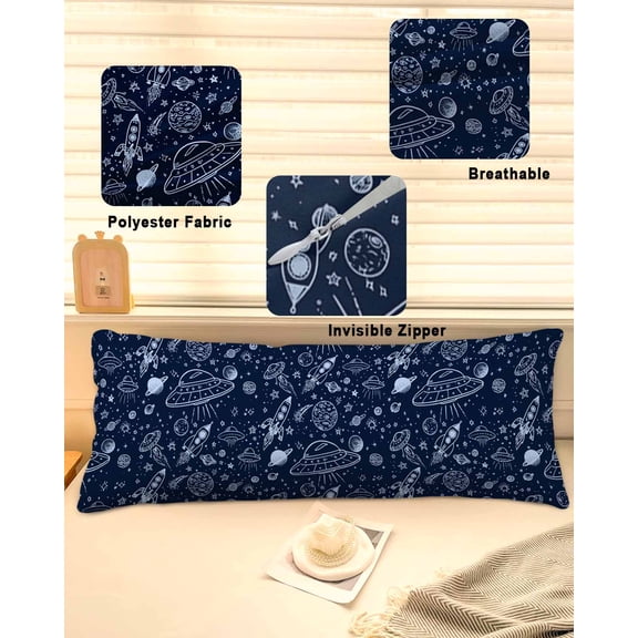 Navy Blue Cartoon Space Throw Pillow Covers, Star Spacecraft Rocket Meteorite Soft Breathable Pillow Cases with Zipper for Sleeping, Long Body Pillowcases for Couch Bed Sofa Chair 20x54 Inches