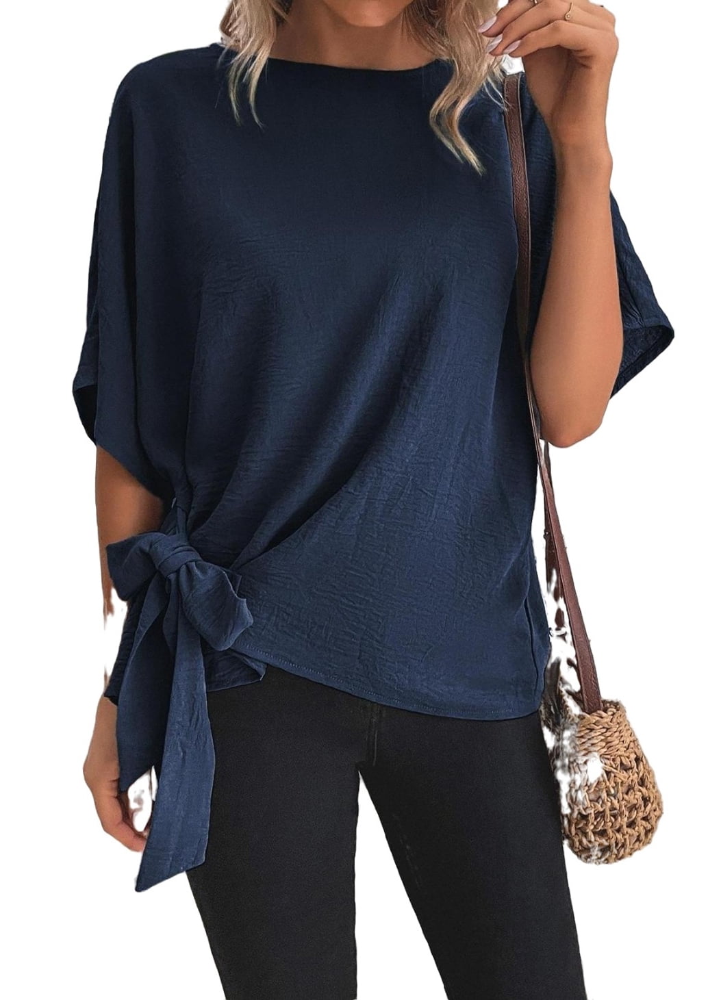 Women Navy Blue Casual Printed Round Neck Top main image 0