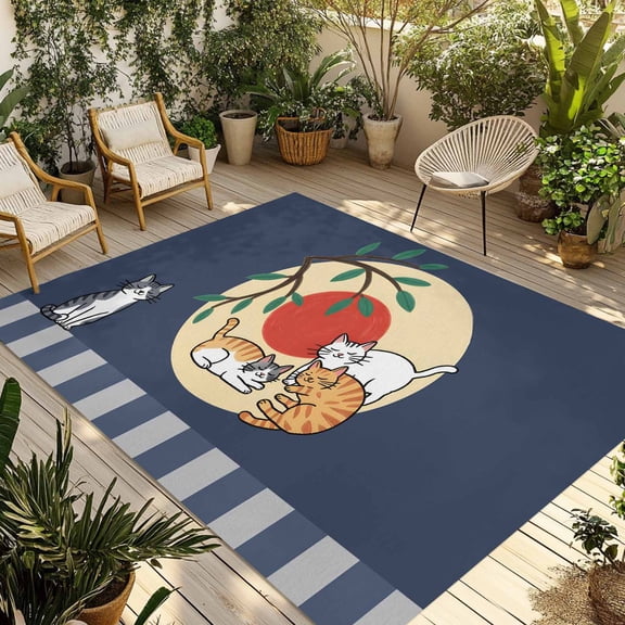 Navy Blue Cat Cartoon Outdoor Rug for Patio/Deck/Porch, Non-Slip Large Area Rug 4 x 6 Ft, Summer Botanical Sun Modern Art Indoor Outdoor Rugs Washable Area Rugs, Reversible Camping Rug Carpet Runner