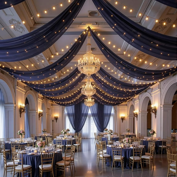 Navy Blue Ceiling Drapes with Lights String for Weddings, 6 Panels 5ftx10ft Sheer Tulle Backdrop Photo Background Drapes for Wedding Ceremony Birthday Party Arch Decoration
