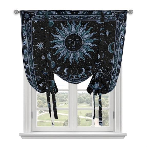 Navy Blue Celestial Balloon Curtains for Windows, Bedroom Curtains 54 Inch Length, Mythical Sun Face Planet Universe Tie Up Curtains Panels Thermal Insulated Bathroom Curtains Window 42"x54"