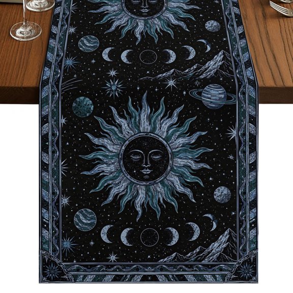 Navy Blue Celestial Burlap Cotton Table Runner 13x36 Inches Short, Mythical Sun Face Planet Universe Farmhouse Table Runners, Outdoor Dining Tablecloths Decor for Baby Shower/Party/Wedding