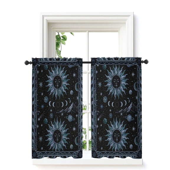 Navy Blue Celestial Sheer Kitchen Tier Curtains 45 Inch Length,Short Curtains for Small Windows Cafe,Mythical Sun Face Planet Universe Rod Pocket Voile Half Window Treatments 27.5"x45" 2 Panels