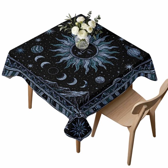 Navy Blue Celestial Table Cloth, Waterproof Tablecloth for Square Tables, Mythical Sun Face Planet Universe Washable Fabric Table Cover for Restaurant Kitchen Dining Tables 54"x54"