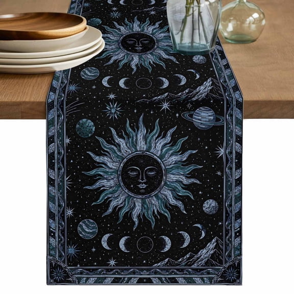 Navy Blue Celestial Table Runner, Mythical Sun Face Planet Universe Washable Cotton Linen Table Runners 36 Inches Long, Dresser Scarf Runner for Nightstand/End Tables/Round Tables 13''x36''
