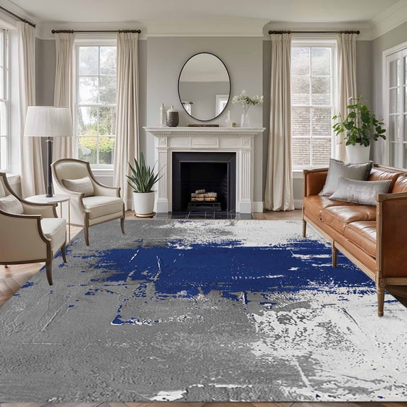 Navy Blue Cement Gray Area Rugs 6'x9', Washable Small Throw Rugs for Kitchen Dining room, Modern Abstract Art Blue Indoor Outdoor Rug Non-Slip Low Pile Carpet Runner Reversible Floor Mats