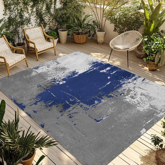 Navy Blue Cement Gray Outdoor Rug for Patio/Deck/Porch, Non-Slip Large Area Rug 5 x 8 Ft, Modern Abstract Art Blue Indoor Outdoor Rugs Washable Area Rugs, Reversible Camping Rug Carpet Runner