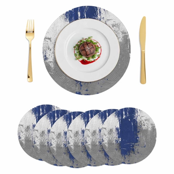 Navy Blue Cement Gray Round 15 Inch Placemats Set of 6, Modern Abstract Art Blue HeatResistant Non Slip Place Mats for Dining Table, Wipeable Braided Kitchen Table Mats for Housewarming