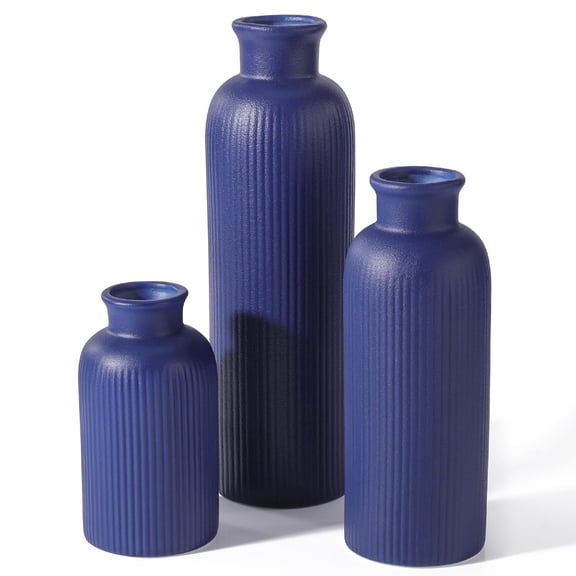 Navy Blue Ceramic Vase Set of 3 Boho Modern Tabletop Decor