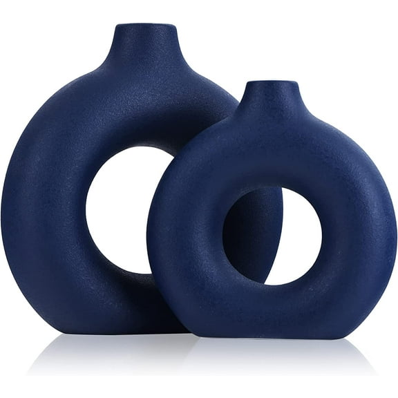 Navy Blue Ceramics Vase for Home Decor,Minimalist Nordic Hollow Donut Vase Set of 2,Modern Navy Blue Decor for Kitchen Table Centerpiece,Living Room,Fire Place,Bookshelf,Office,Entryway,Console