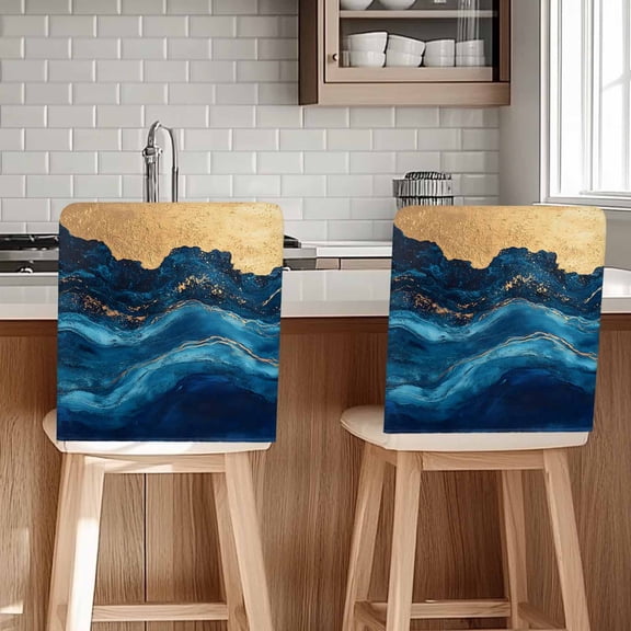 Navy Blue Chair Back Cover for Dining Room Set of 8, Modern Abstract Luxury Golden Removable Kitchen Chair Slipcovers, Washable Seat Protector for Restaurant Party Banquet Wedding Décor