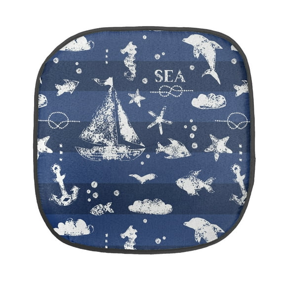 Navy Blue Chair Seating Cushion, Sailboat Vertical Stripe Pattern Anchor Fishes Gulls Paint Effect Nautical Theme, Soft Seat Pads for Office with Anti-slip Backing, 16"x16", Blue White, by Ambesonne